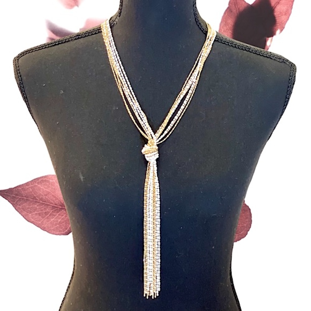 White and Gold Knotted Multi-Chain Y-Necklace - Two Tone Statement Necklace